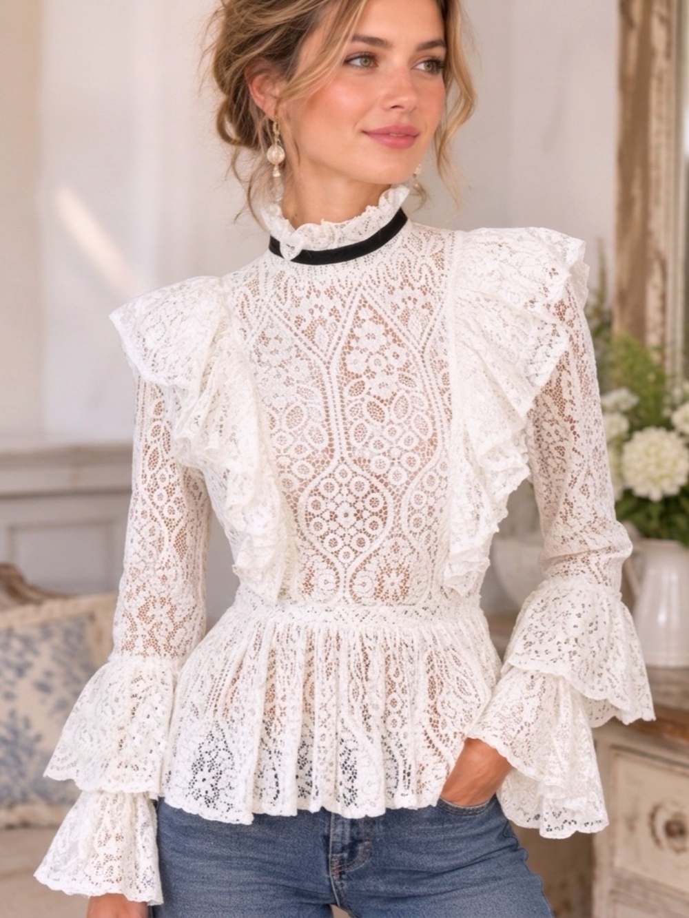 Amaryllis Edwardian White Ruffled Lace Blouse Tiered Peplum Mock Neck
